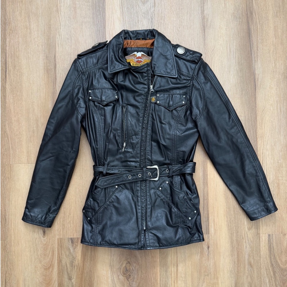Harley-Davidson Womens Black Leather Belted Motorcycle Jacket Embroidered Small